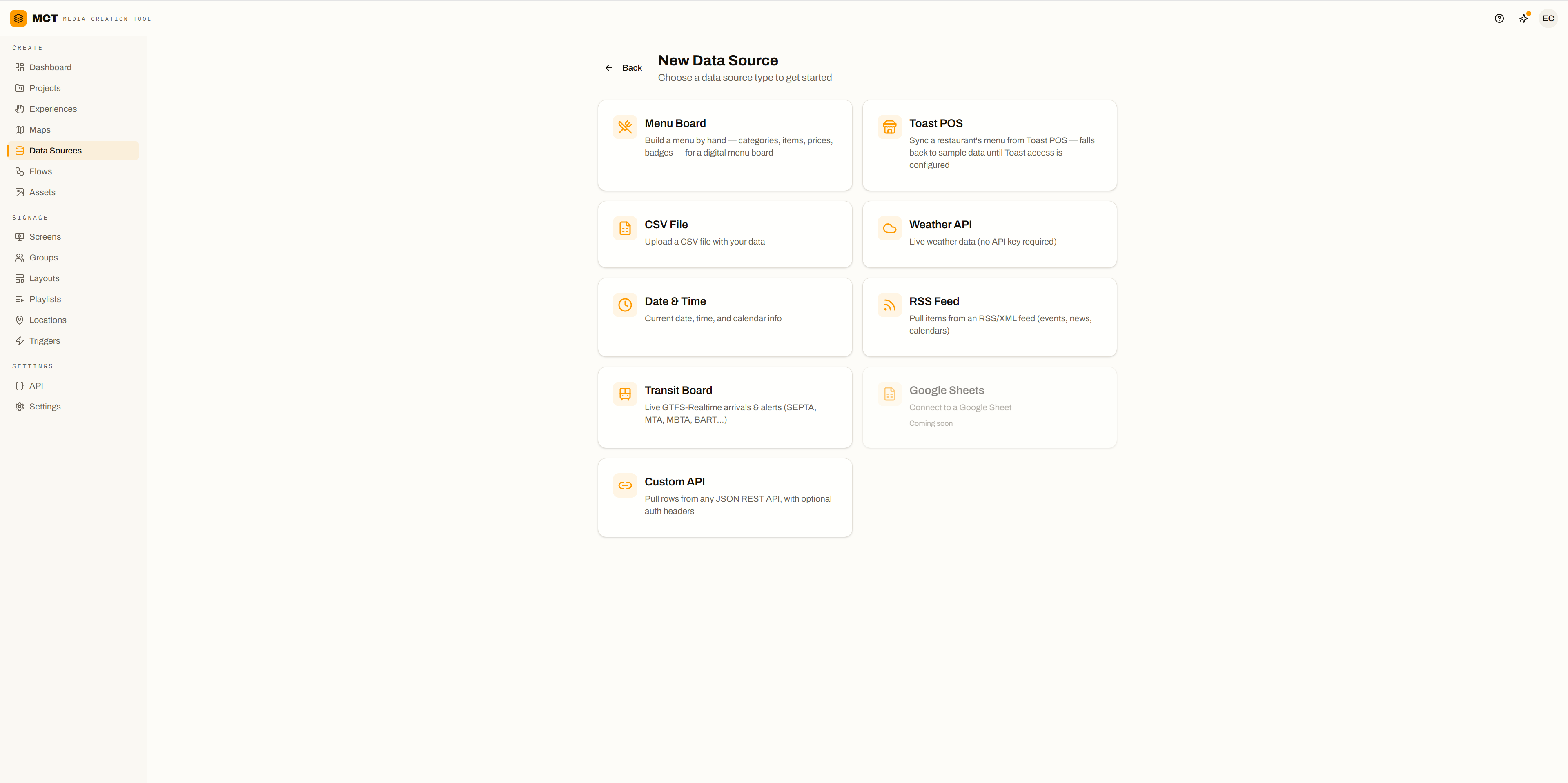 New data source picker with Menu Board, Toast POS, CSV, Weather, Date & Time, RSS, Transit Board, and Custom API options