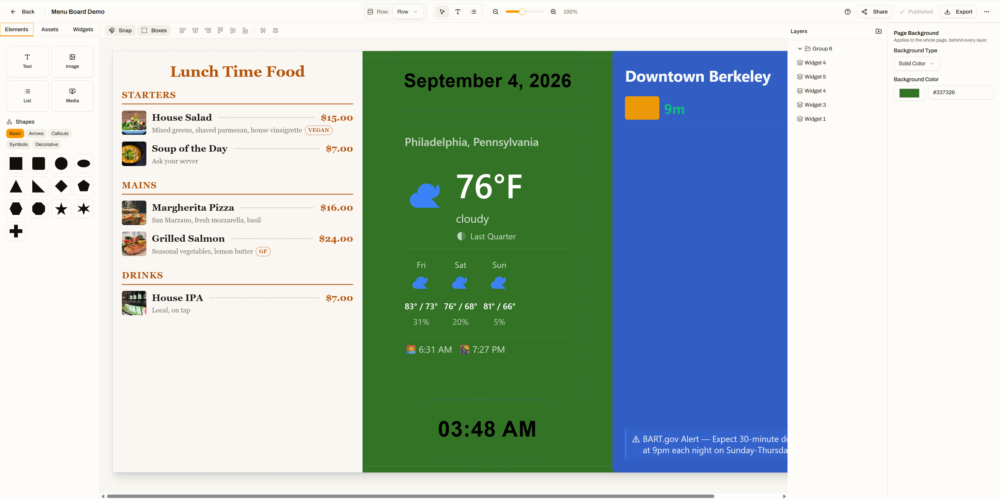 MCT layer-based editor showing a menu board with a food menu, live weather widget, and a transit arrivals panel across three zones