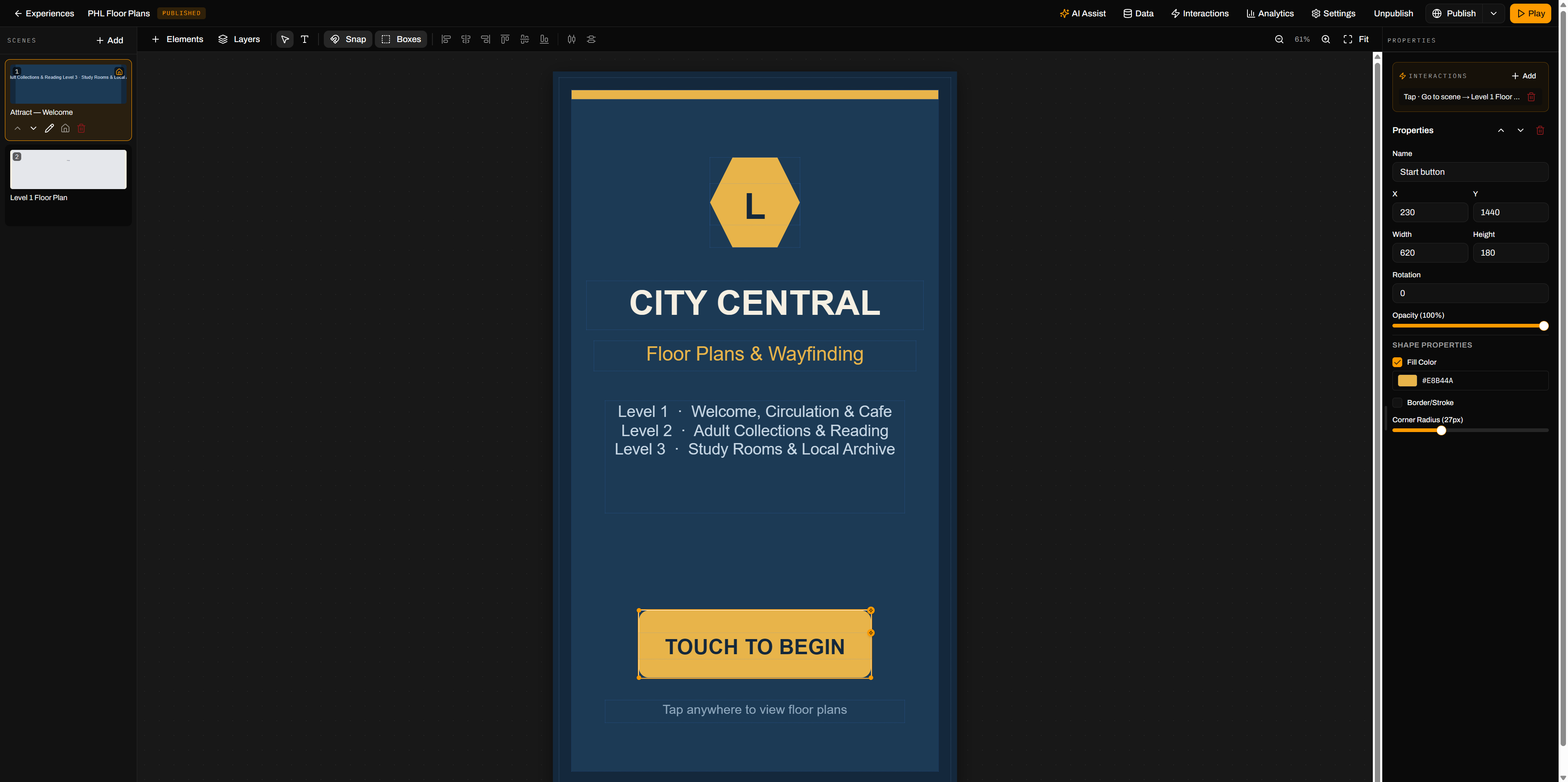 Experience builder editing a touch attract scene with a Touch to Begin button and scene interactions