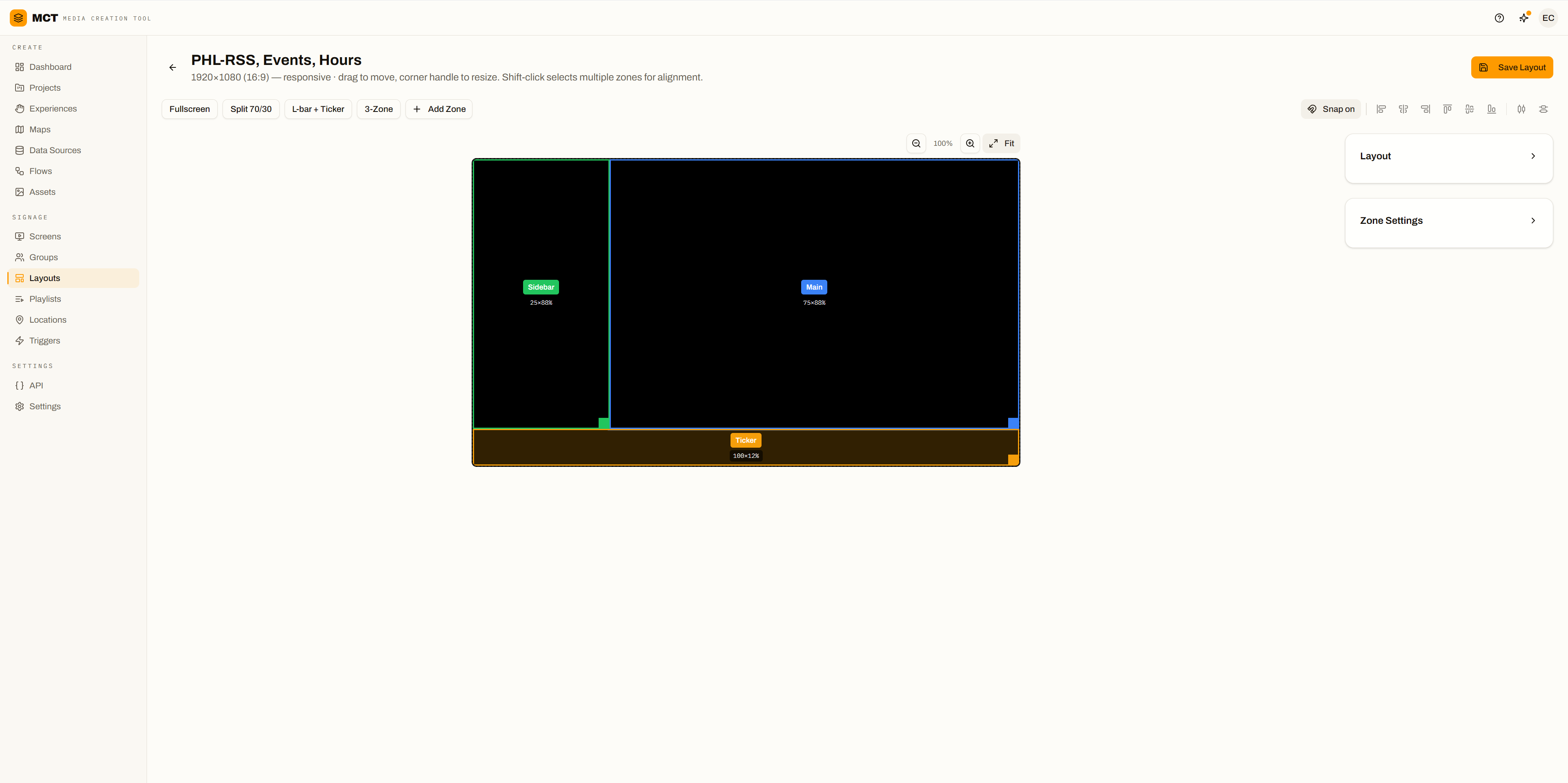 Layout zone editor dividing a 1920x1080 screen into Sidebar, Main, and Ticker zones