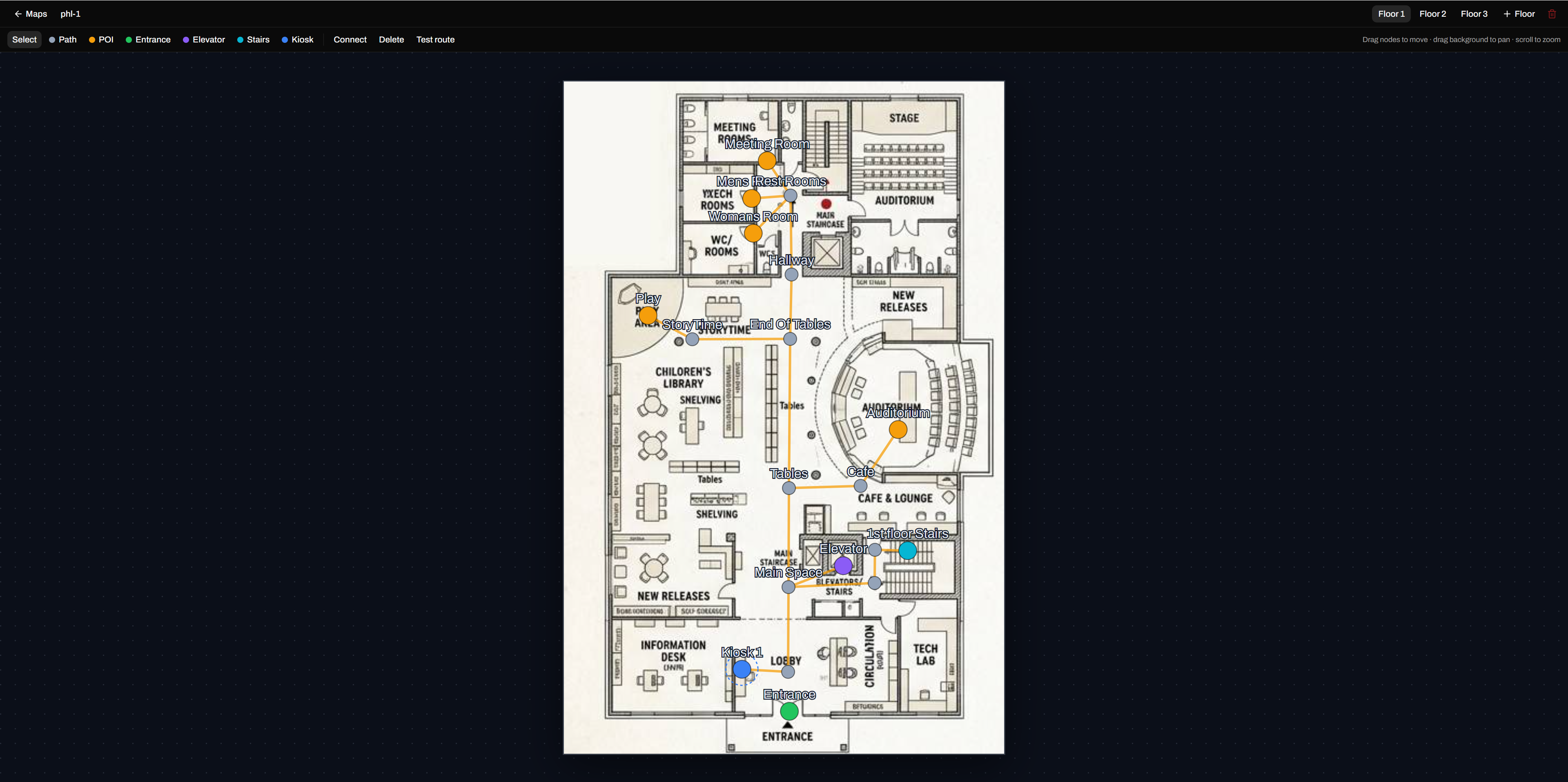 Wayfinding map editor placing points of interest, entrances, elevators, and routes on a multi-floor building plan