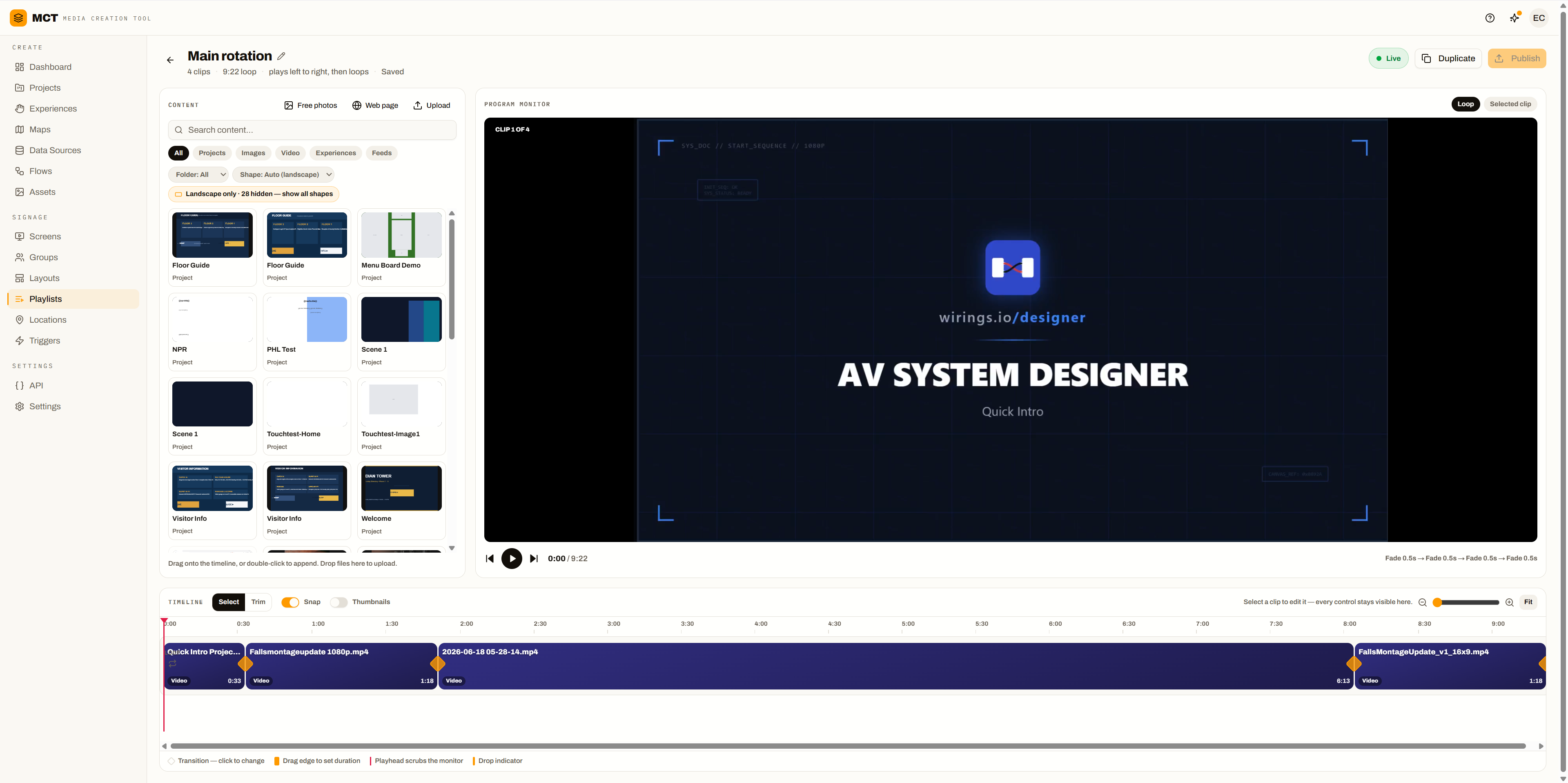 Playlist editor with a program monitor and a multi-clip timeline with per-clip durations and transitions