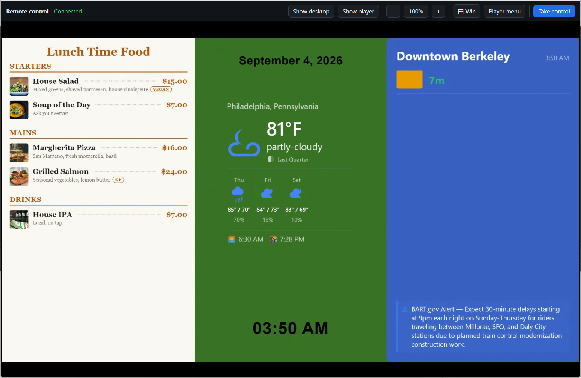 Remote control view streaming a player's live three-zone output with menu, weather, and transit