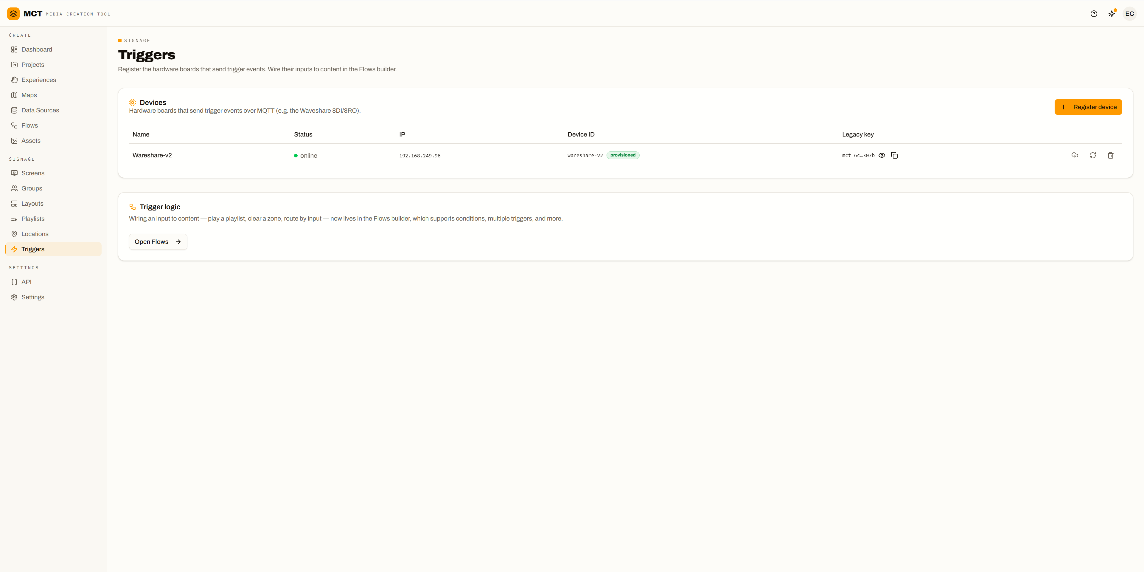 Triggers page listing a registered hardware board with online status, IP, device ID, and a link to the Flows builder